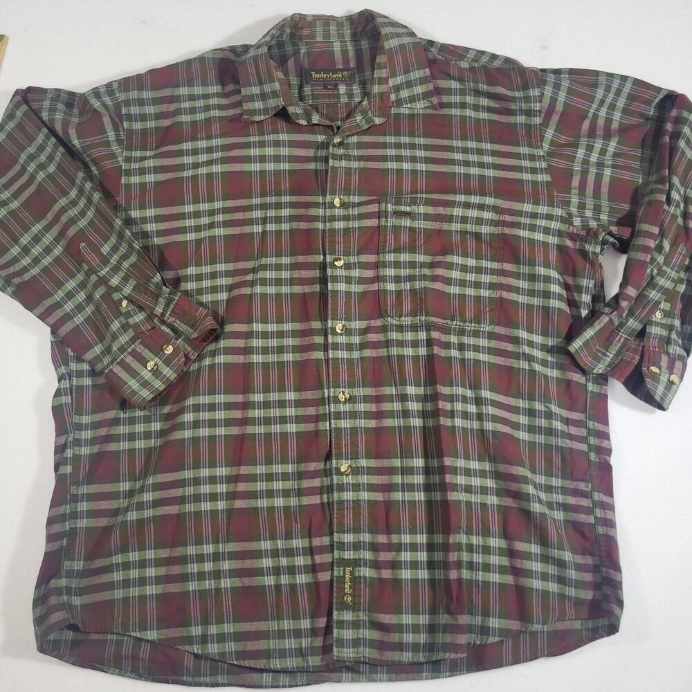 Timberland Weather Gear Shirt Mens XL Green Plaid  Long Sleeve Button Down